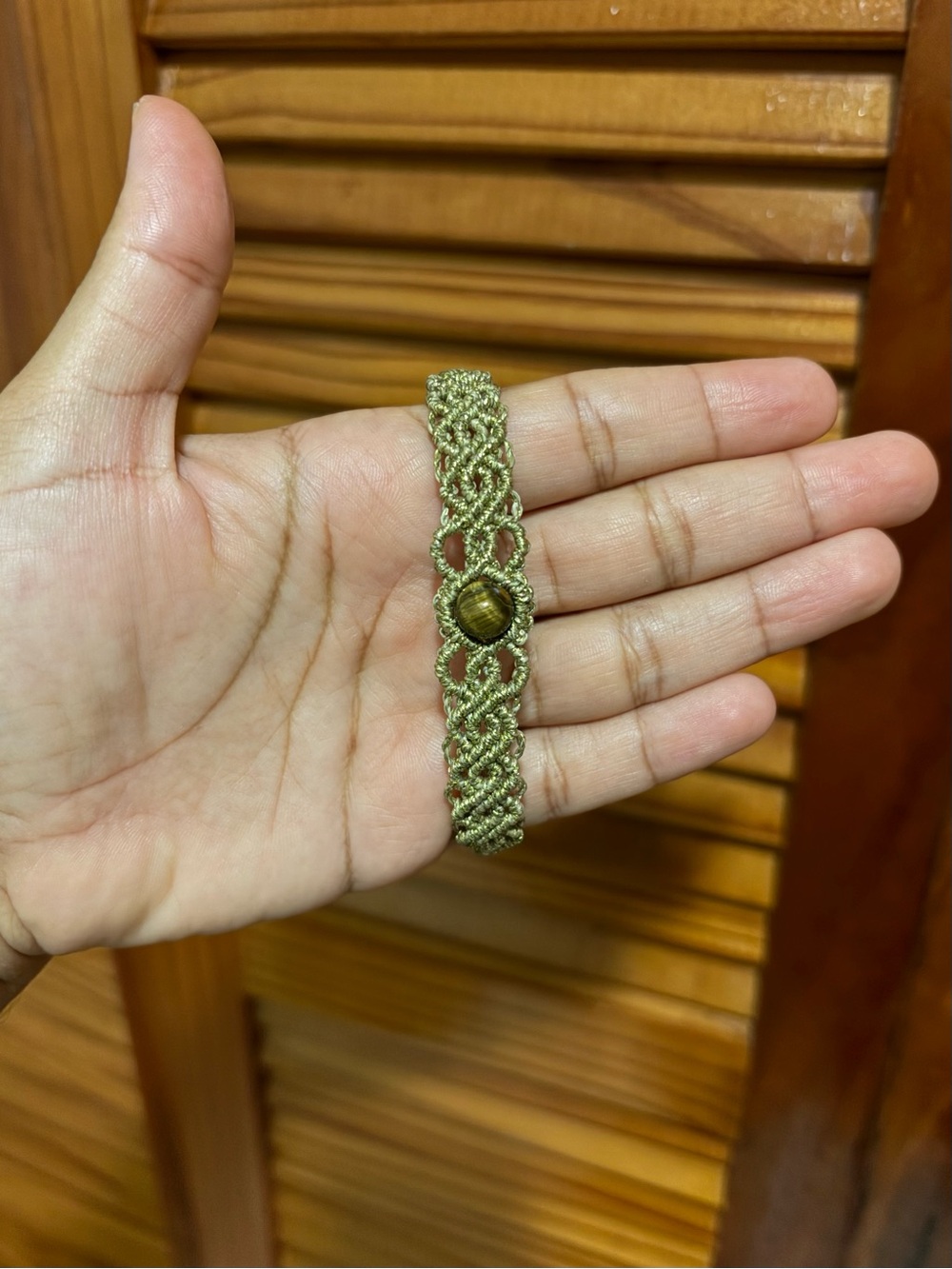 Handmade Olive Green Macrame Bracelet with Tiger Eye Stone